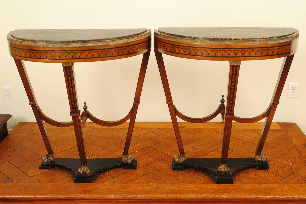 Pair of Continental, Possibly Baltic, Inlaid and Giltwood, Marble-Top Consoles In Excellent Condition In Atlanta, GA