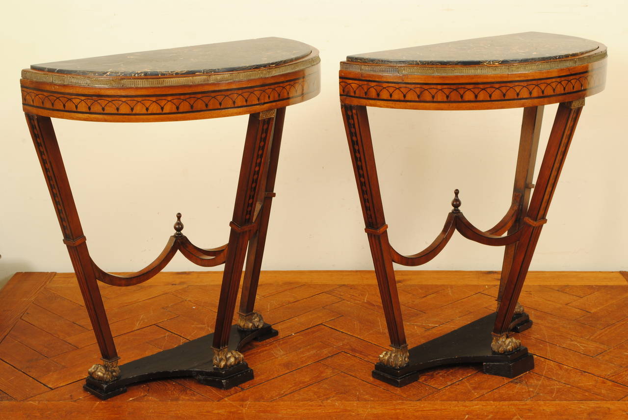 19th Century Pair of Continental, Possibly Baltic, Inlaid and Giltwood, Marble-Top Consoles