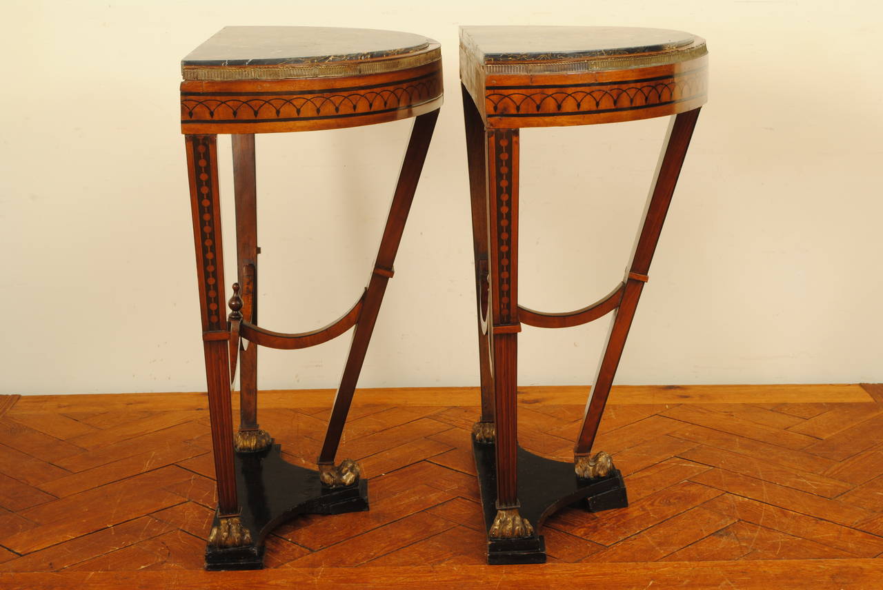 Pair of Continental, Possibly Baltic, Inlaid and Giltwood, Marble-Top Consoles 1