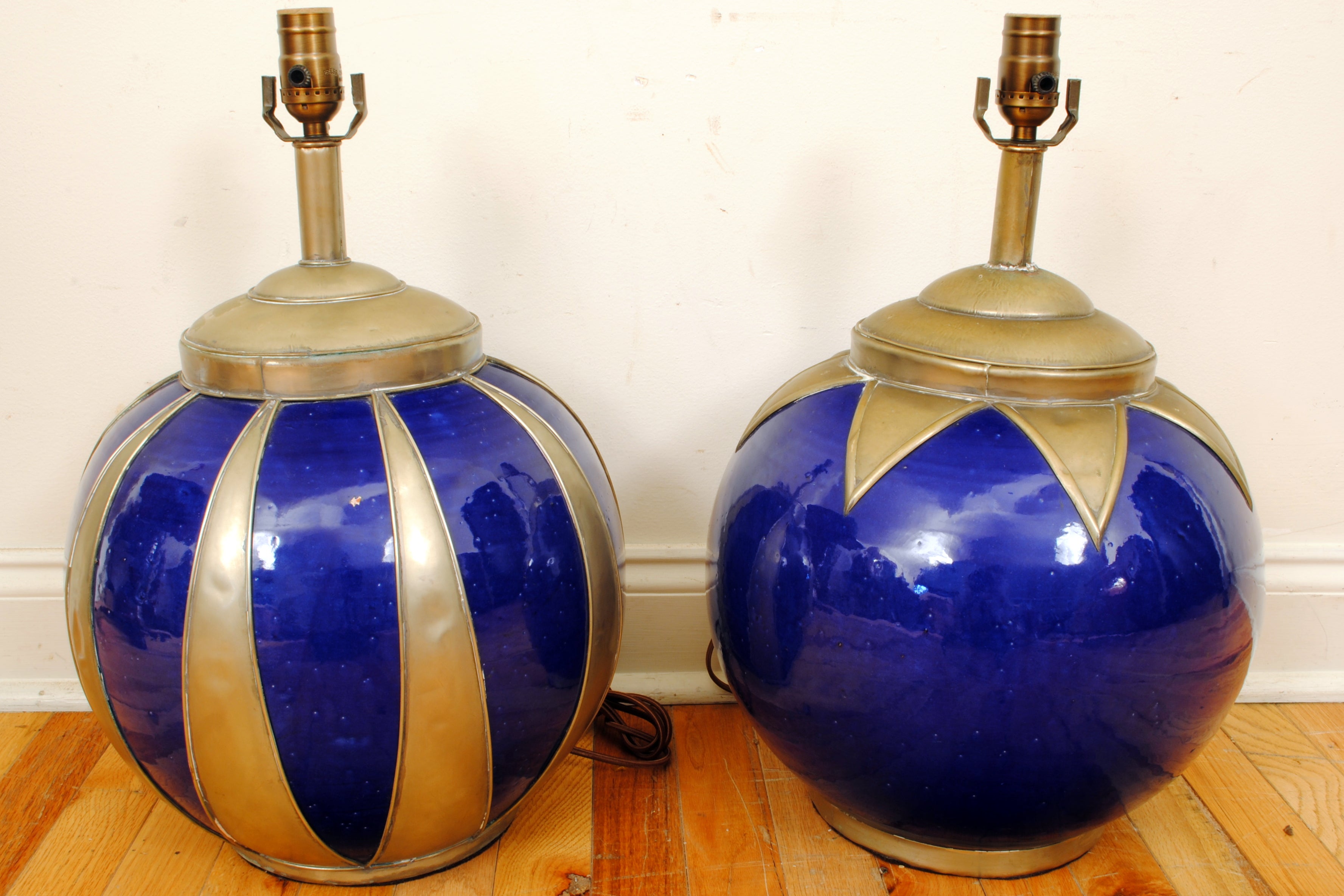 Near Pair of Moroccan Painted Terracotta and Silvered Brass Table Lamps
