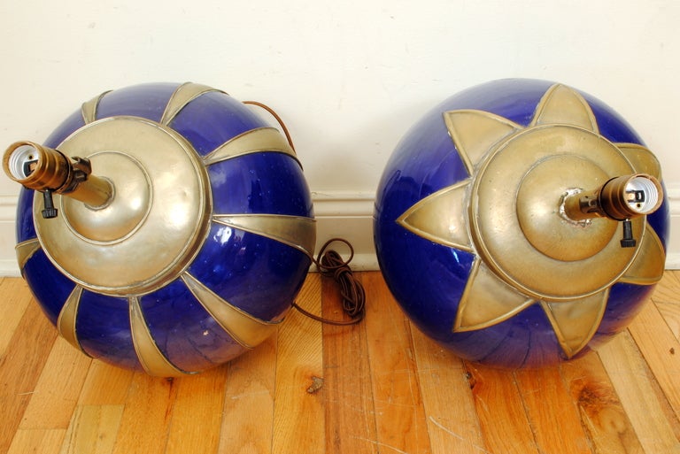 Near Pair of Moroccan Painted Terracotta and Silvered Brass Table Lamps