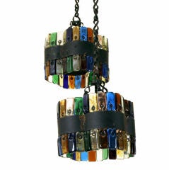 A Pair of Italian Mid 20th Century Colored Glass & Iron Chandeliers