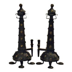 A Pair of Large Arts and Crafts Wrought Iron and Copper Andirons