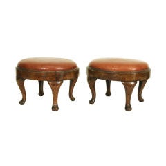 Antique Pair of Italian Provincial Walnut Footstools with Leather Insets