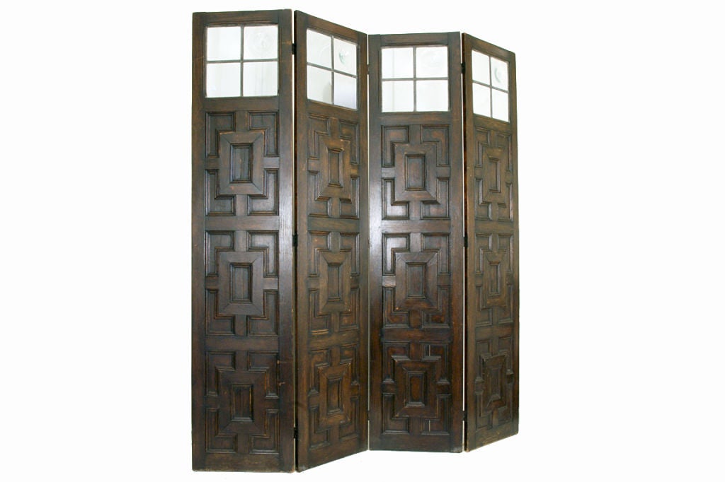 A Tudor Style Oak and Leaded Glass 4-Panel Screen