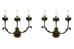 A Pair of Italian Painted Wrought Iron and Wooden 3-Light Sconces