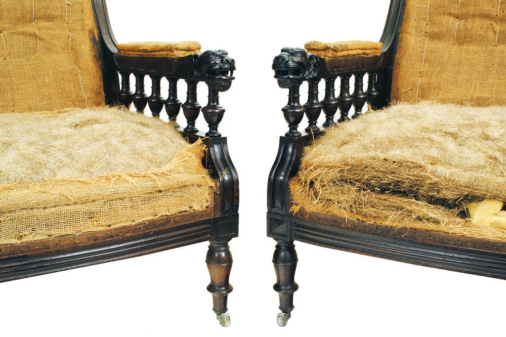 A Pair of English Carved Mahogany and Walnut Victorian Armchairs 1