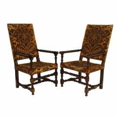 A Matched Pair of 19th Cen. Louis XIII Style Walnut Fauteuils