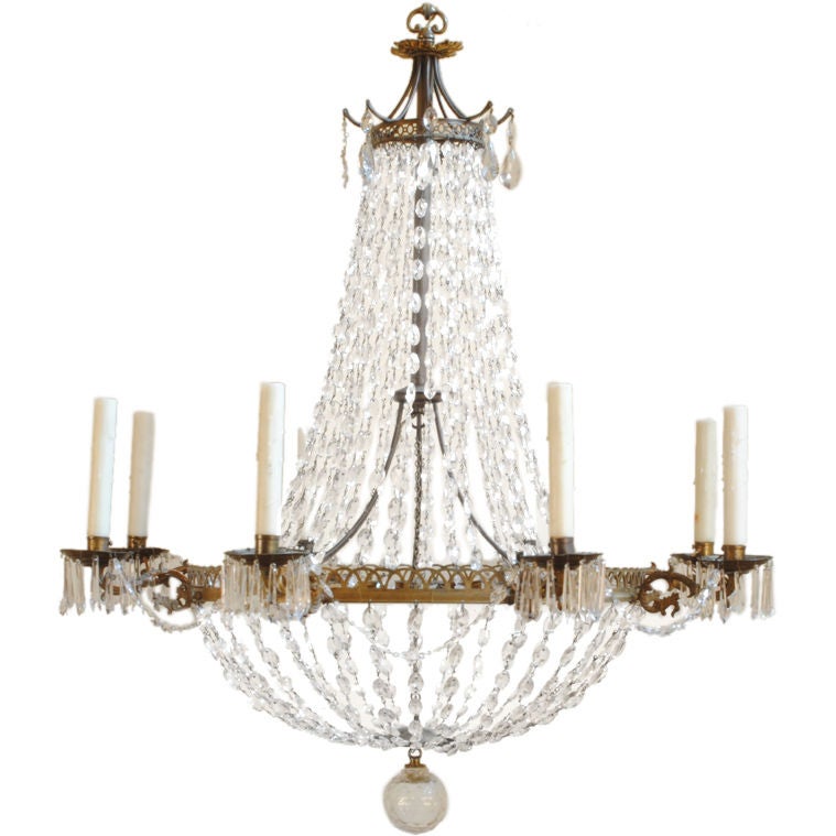 A Swedish Neoclassical 8-Light Brass 
Glass Chandelier
