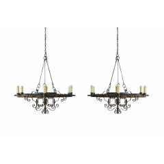 A Pair of Large Italian Wrought Iron 6-Light Chandeliers