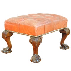 Antique An English Georgian Style Walnut and Leather Upholstered Stool