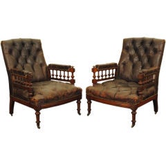 Pair English Victorian Walnut Leather Upholstered Library Chairs