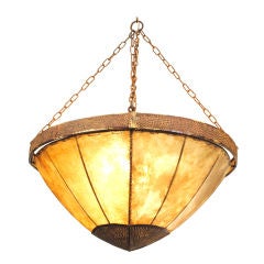 A French Arts & Crafts Copper and Hide Hanging Fixture
