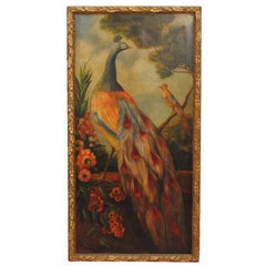 Antique French Turn of 20th Cen Oil on Canvas of a Peacock Among Foliage