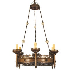 A French Patinated Brass & Painted Neogothic 6-Light Chandelier