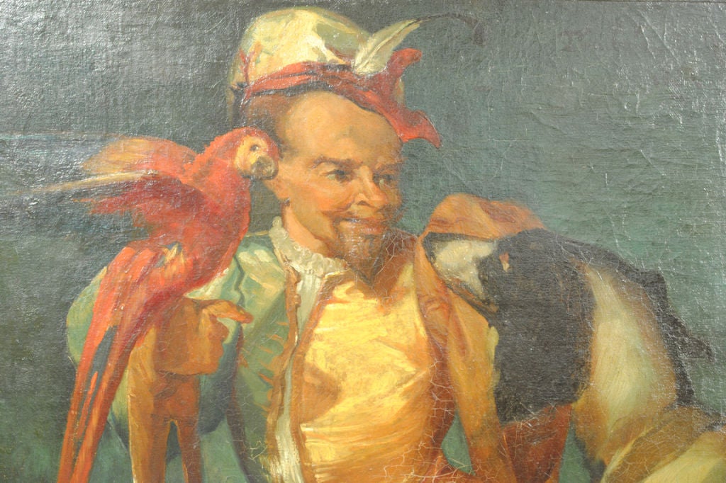 Öl auf Leinwand von einem Jester mit Papagei und Hund, signiert (Französisch) im Angebot