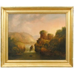 Oil on Canvas, A Ruined Castle, Waterfall, and Boat in a Lake Oil on Canvas, A Ruined Castle, Waterfall, and Boat in a Lake