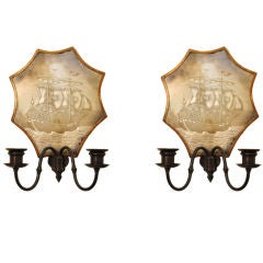 Pair of Continental Baroque Style Mirror Back 2-Arm Sconces