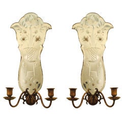 Antique Pair Continental Baroque Style Etched Mirror Back Sconces