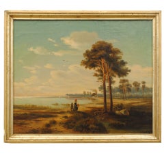 A French Oil on Canvas of Figures Strolling Along a Lakeshore
