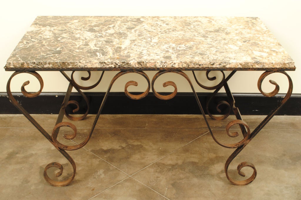 A French Baroque Style Wrought Iron and Marble Coffee Table