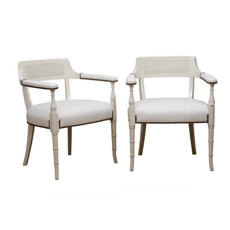 Pair of Leather & Cane Dining Chairs For Sale
