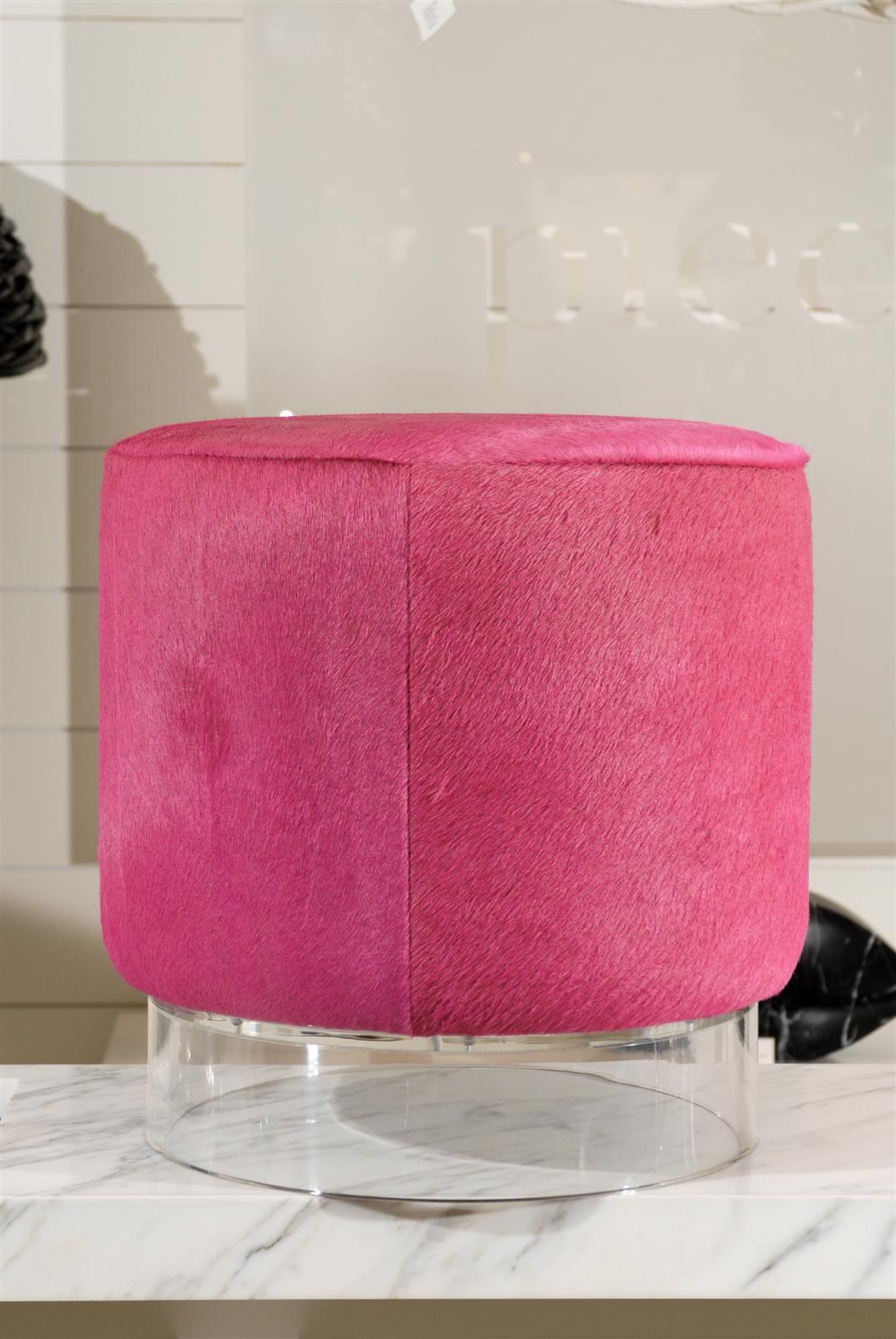 Contemporary Pink Hide and Lucite Stool For Sale