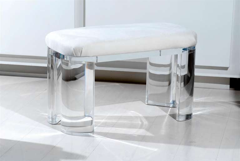 * Vintage lucite bench 
* Very thick heavy lucite legs 
* Newly upholstered in an off white ultra suede