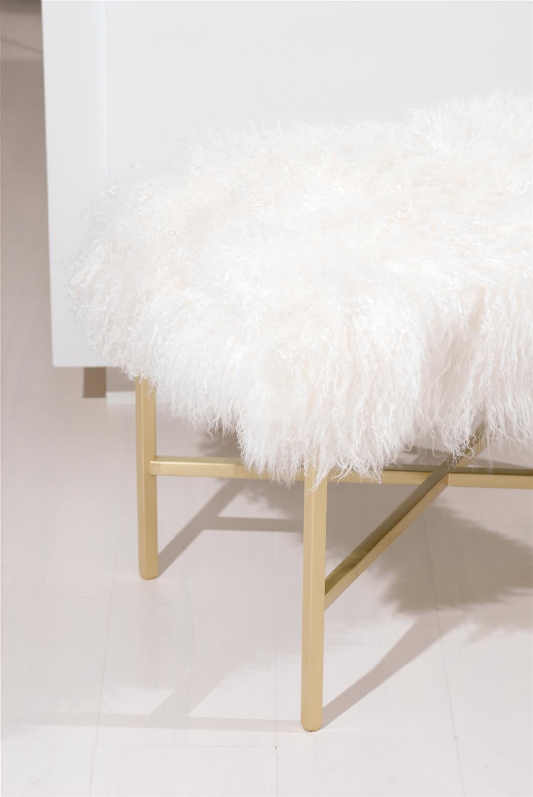 Contemporary Furry Bench with Brass X Base For Sale