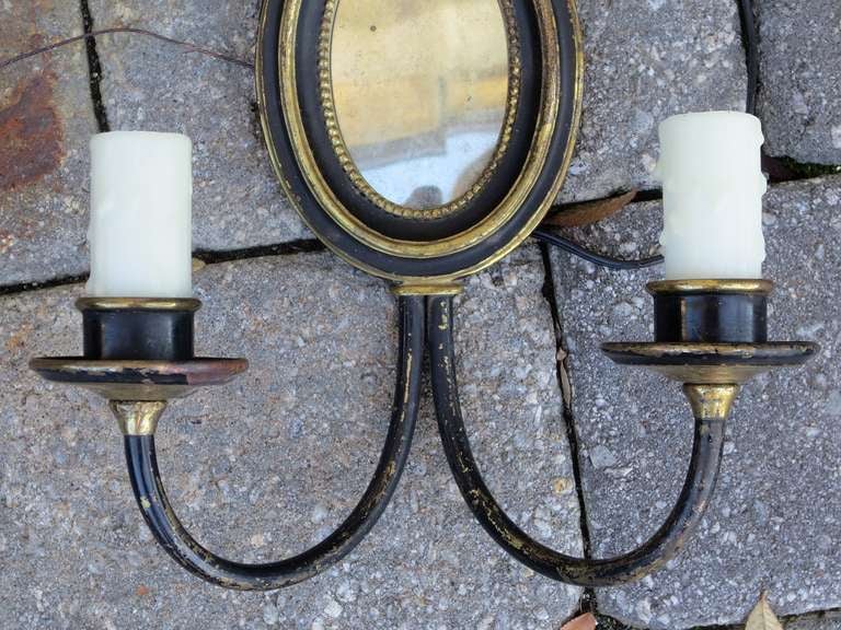 Pair of Early 20th Century Tole & Brass Mirrored Sconces