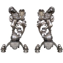 Pair of Early 20thC Silvered Bronze Lion Andirons