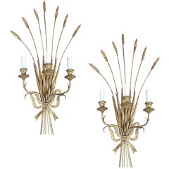 Pair of Midcentury Italian Three-Arm Gilt Tole Wheat Sconces