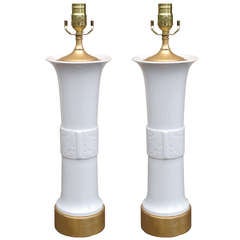 Pair Of Early 20th Century White Chinese Vases As Lamps On Custom Gilt Bases