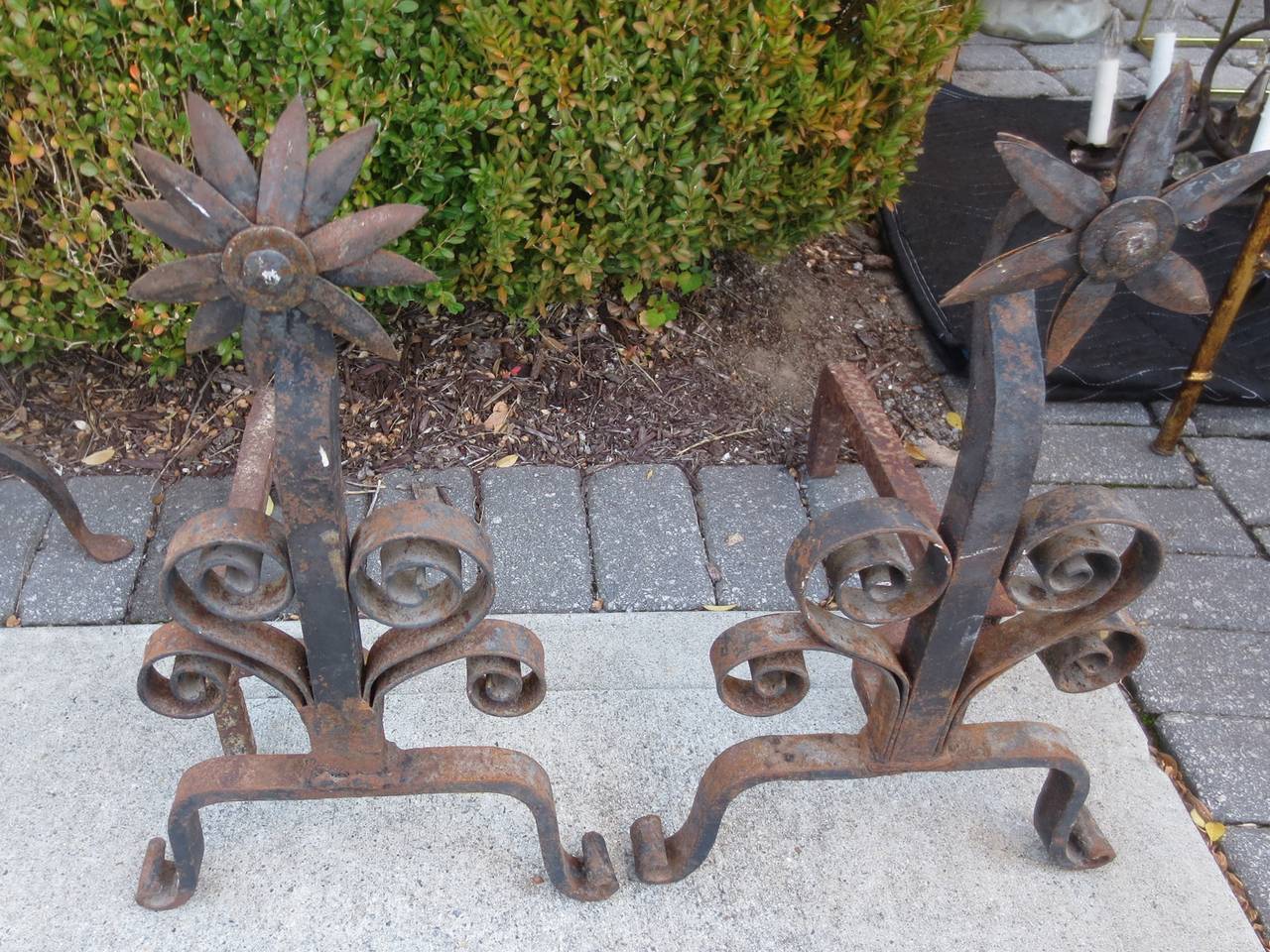 PAIR OF 19thC FORGED IRON FLOWER ANDIRONS