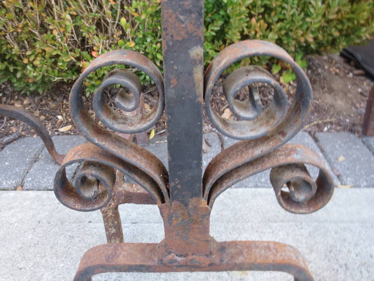 American Craftsman Pair of 19th Century Forged Iron Flower Andirons