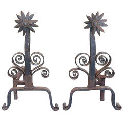 Pair of 19th Century Forged Iron Flower Andirons