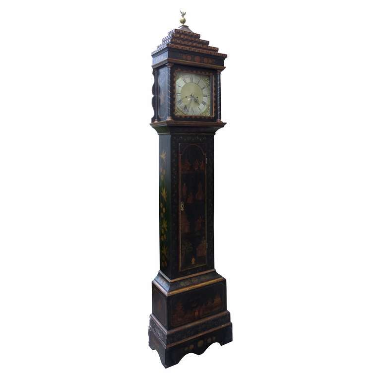 18th Century, c.1775 Chinoiserie Tall Case Clock by William Mayhew of Woodbridge, Legendary clock maker 
Measures: 19