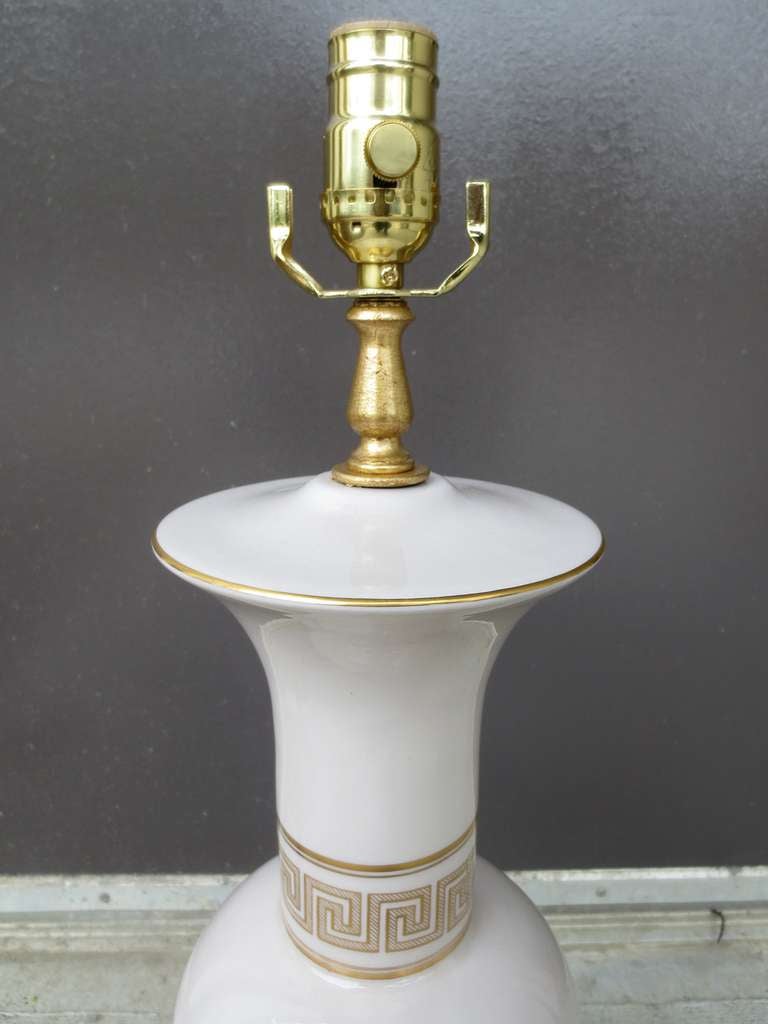 Pair of Mid Century Pink Porcelain Lamps with Greek Key Detail
