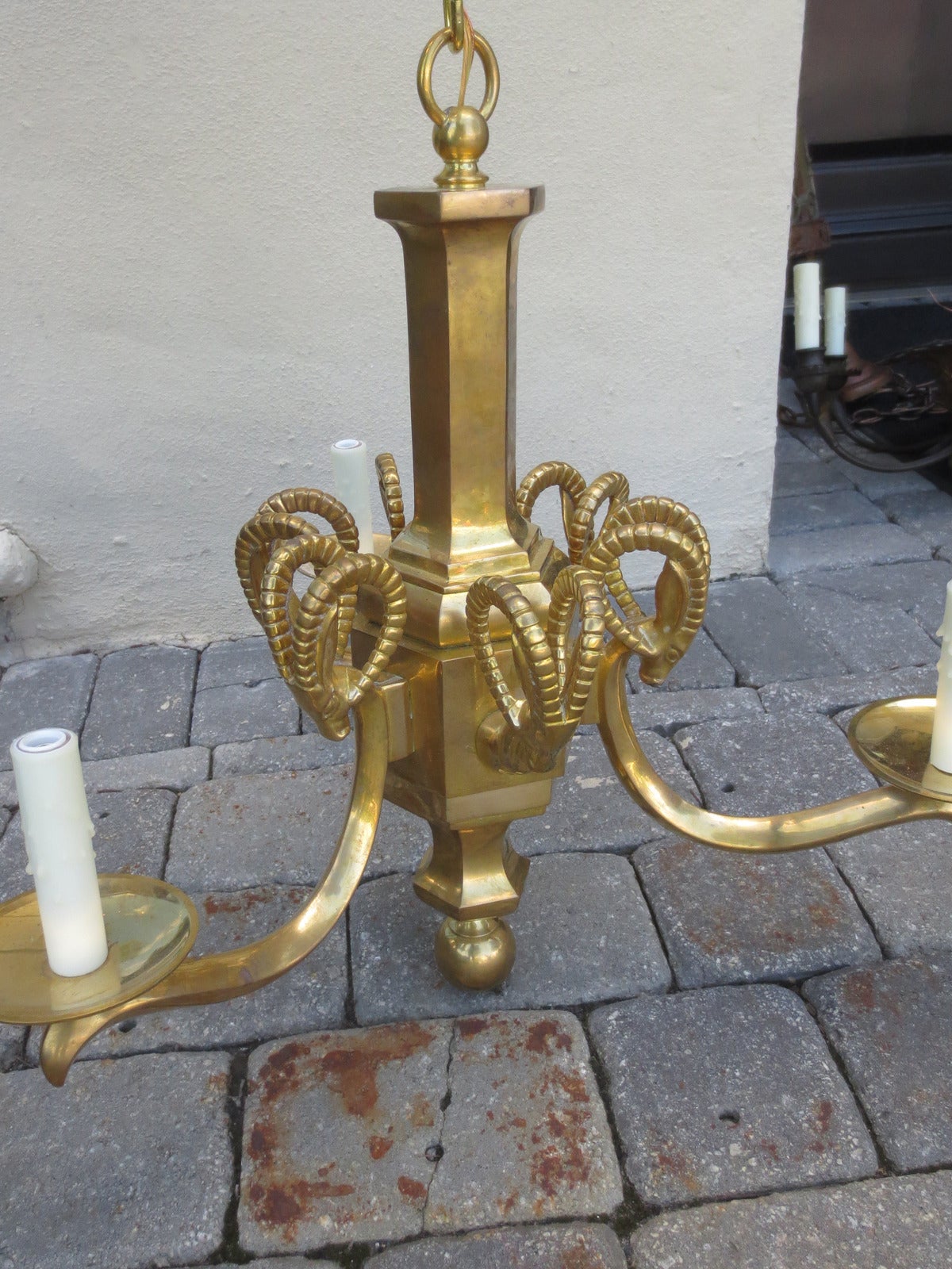 Mid-20th century Champan brass three-arm chandelier with Ram's Heads, solid brass
New wiring.
