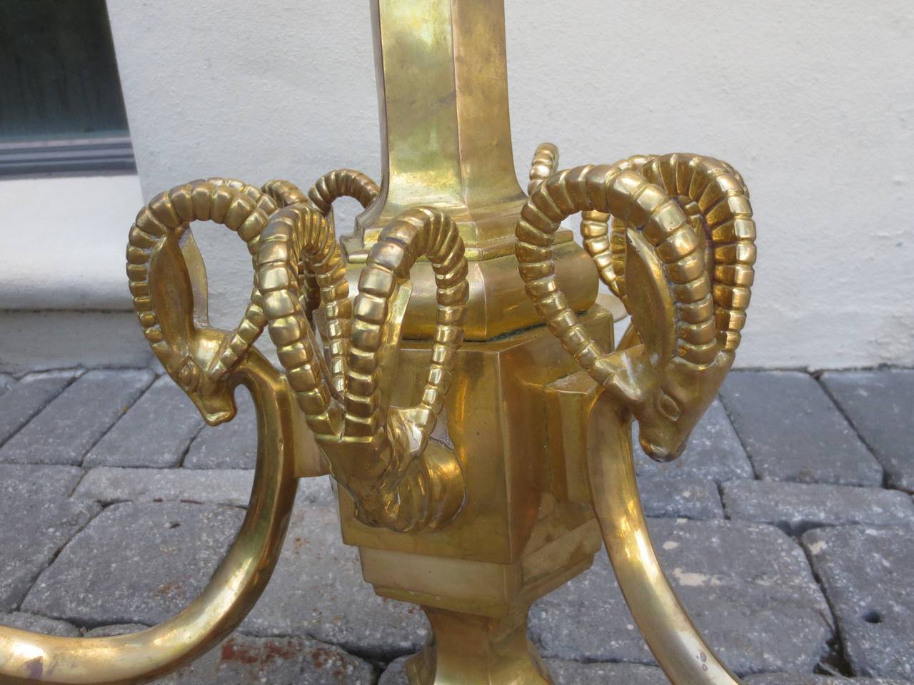 Mid-20th Century Champan Brass Three-Arm Chandelier with Ram's Heads In Good Condition In Atlanta, GA
