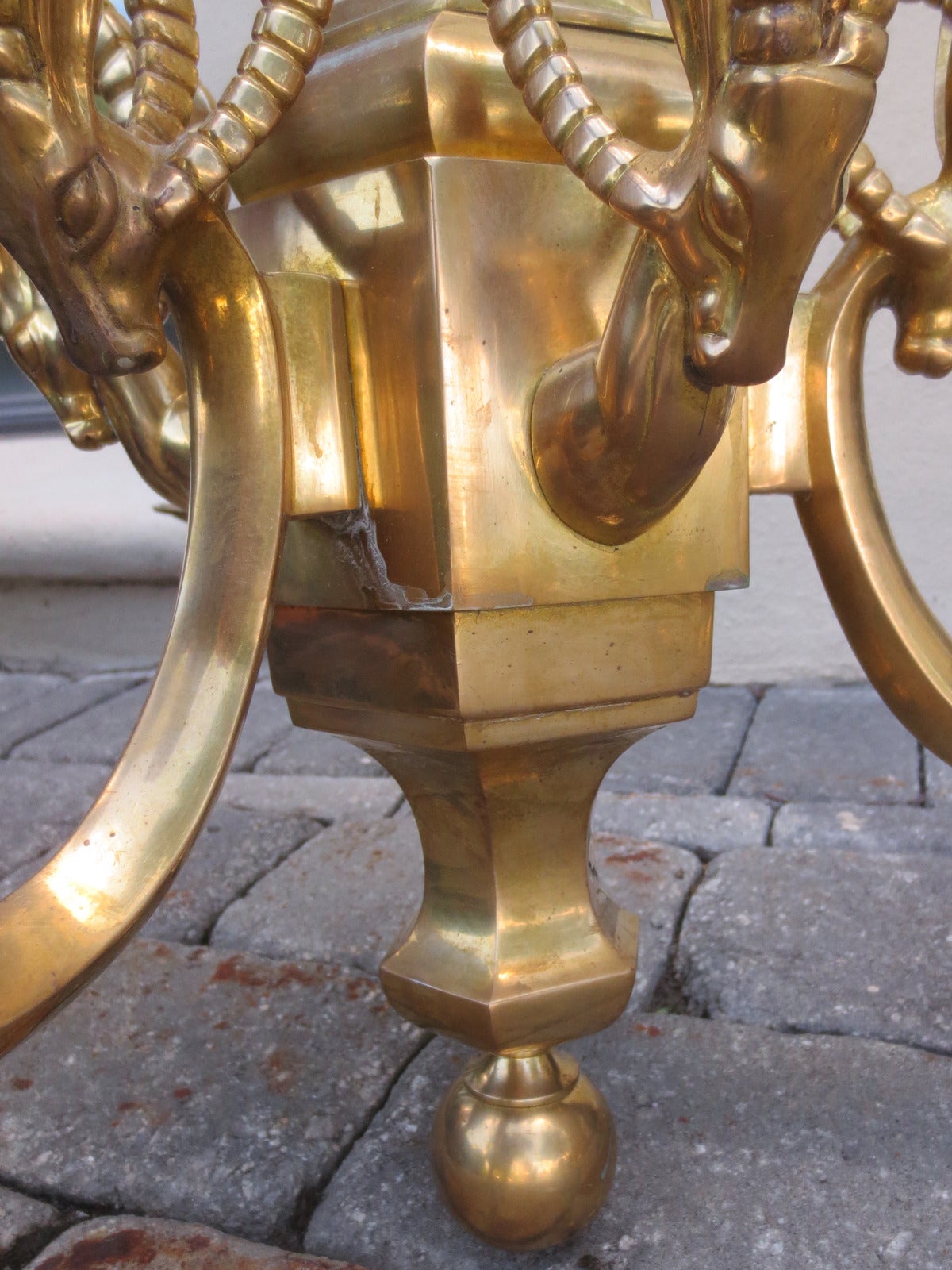 Mid-20th Century Champan Brass Three-Arm Chandelier with Ram's Heads 1
