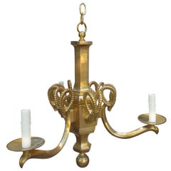 Retro Mid-20th Century Champan Brass Three-Arm Chandelier with Ram's Heads