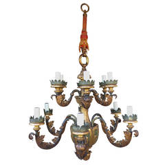 Early 20th Century Large Iron, Tole and Wood Chandelier, Italian Style 2