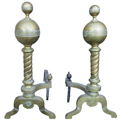 Antique Late 19th-Early 20th Century English Old Brass Finish Andirons
