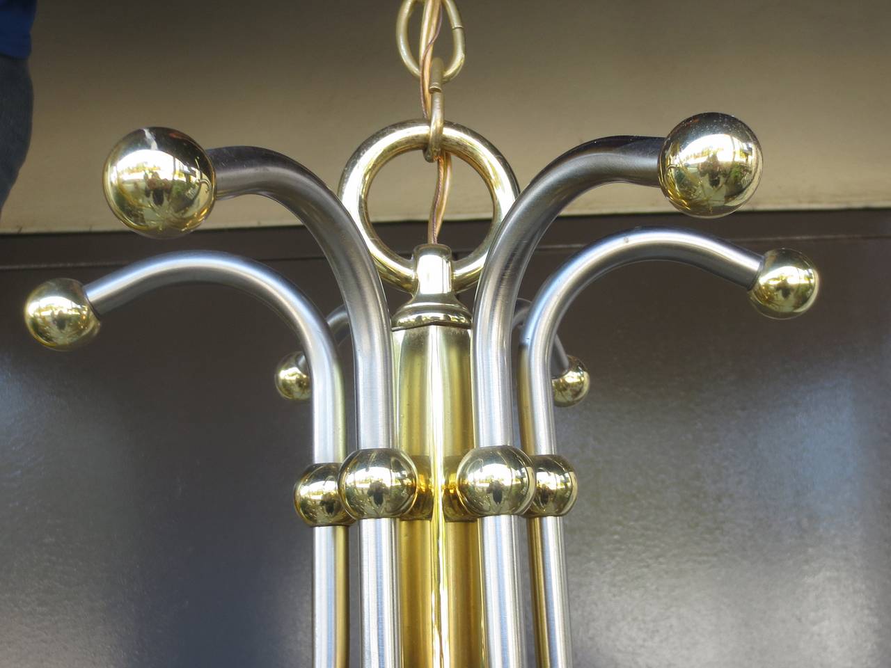 Pair of Maison Jansen Style Mid-20th Century Steel & Brass Chandeliers In Good Condition In Atlanta, GA