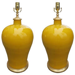 Pair of 20th Century Mustard Porcelain Lamps with Custom Gilt Bases