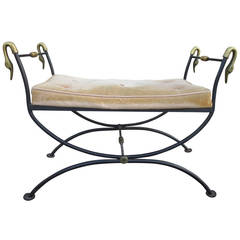 Midcentury Iron Bench with Brass Swans