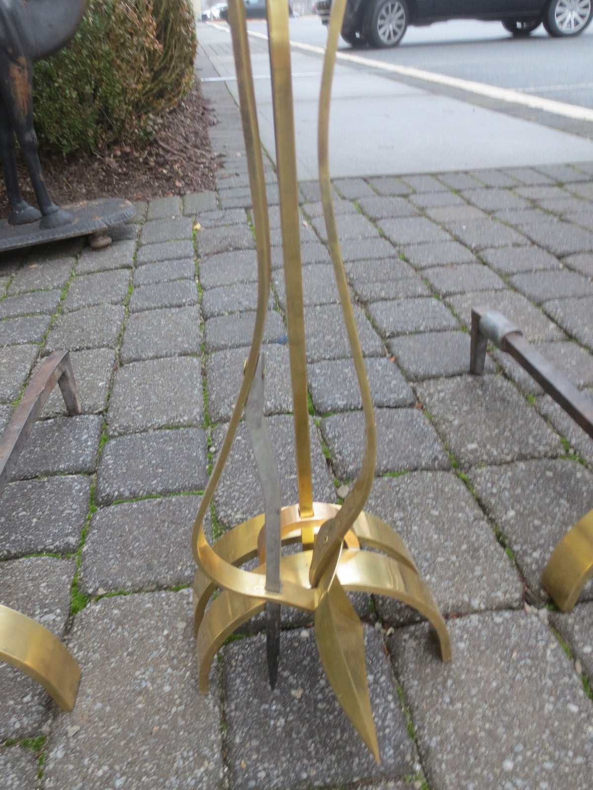 Mid-20th Century Pair of Mid-Century Brass Andirons and Fire Tools by Donald Deskey, circa 1940