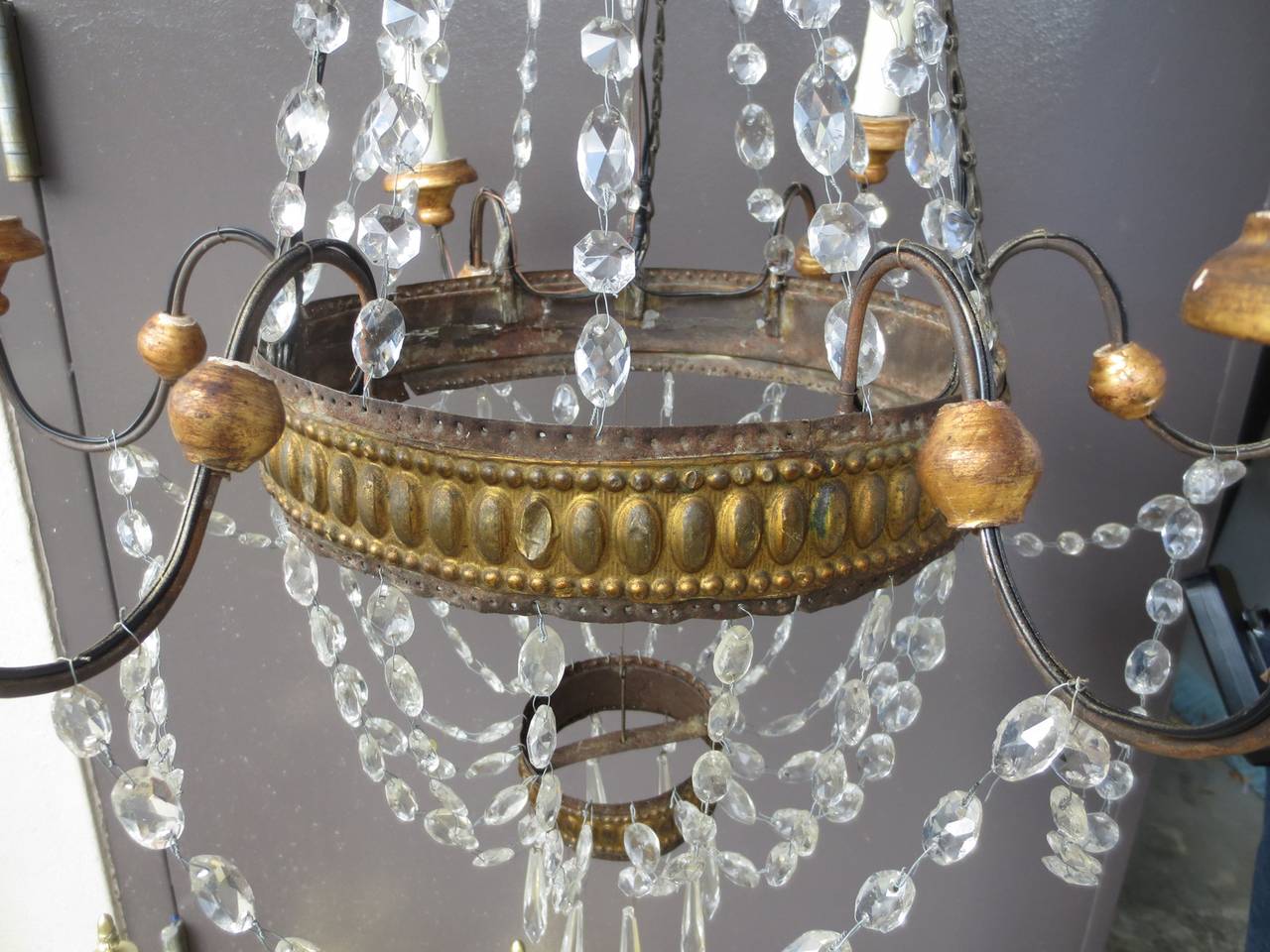 Pair of 18th-19th century Italian tole and crystal chandeliers.