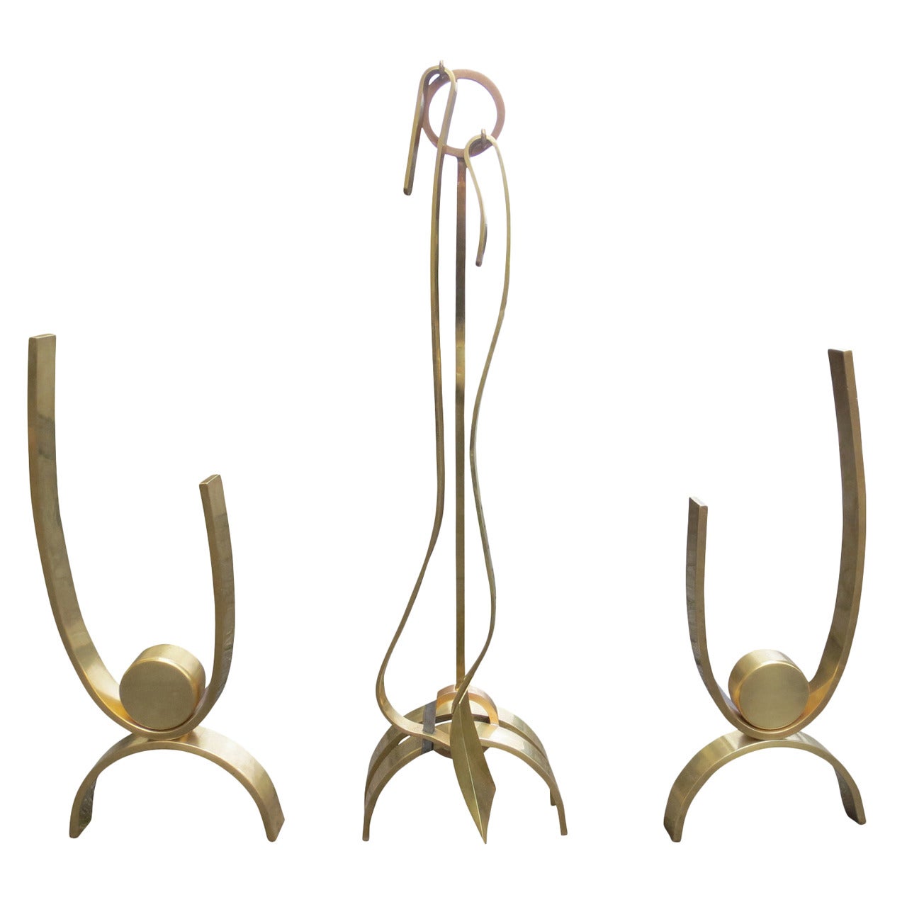 Pair of Mid-Century Brass Andirons and Fire Tools by Donald Deskey, circa 1940